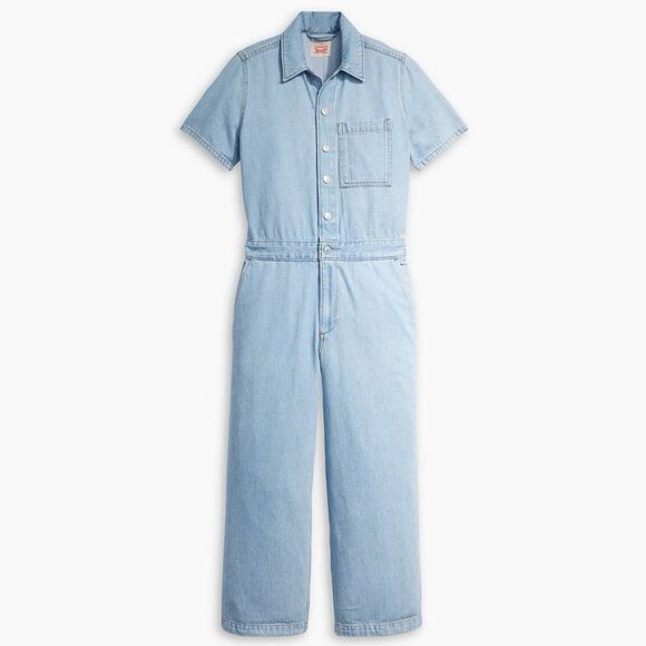 Levi’s Denim Jumpsuit M Short Sleeve Snap Button Front Cropped Utility One-Piece - Picture 1 of 12